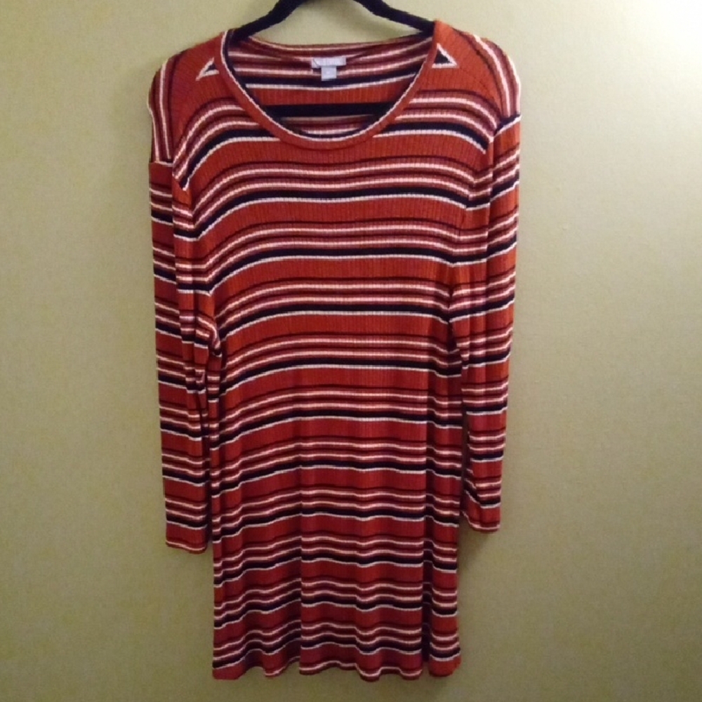 Womans XL Falls Creek Striped Long Sleeve Dress - Burnt Orange and White